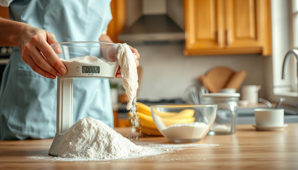 measuring flour for perfect banana bread
